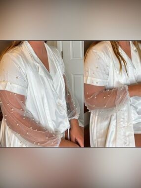 White Satin Robe with Pearl-Embellished Sheer Sleeves